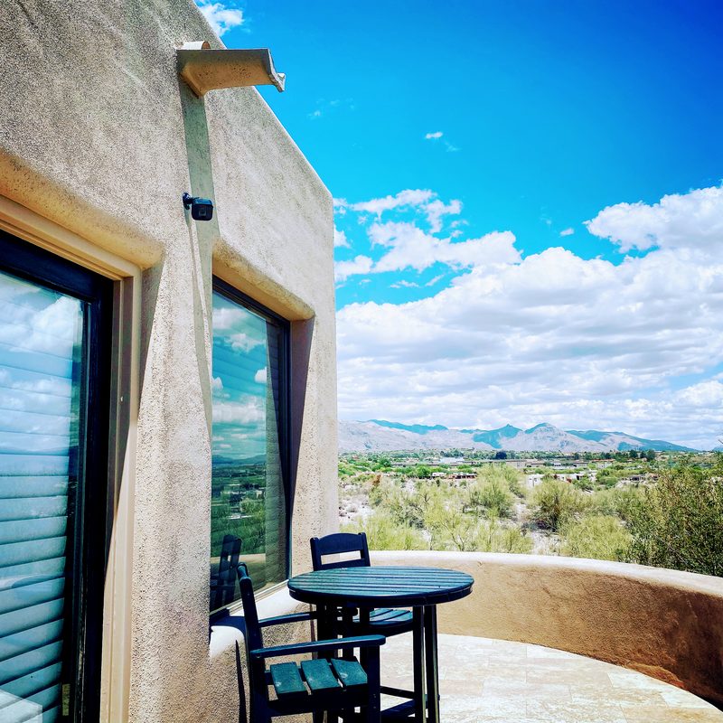 Outdoor security camera with mountain property view